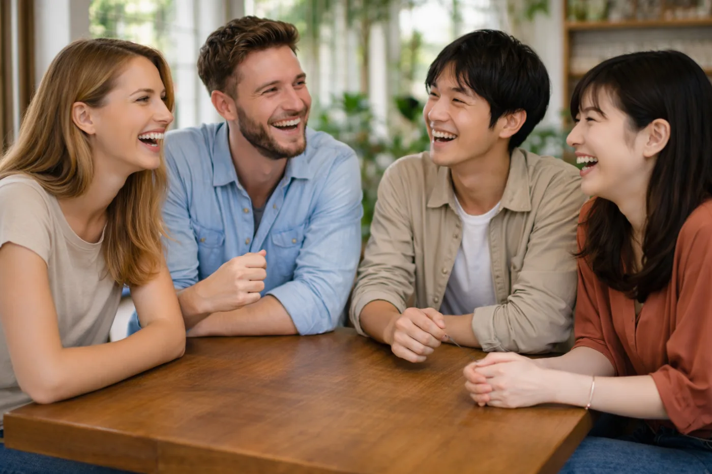 机を囲んで笑い合う4人。日本語話者と英語話者が半分ずつ、対等な立場で語り合っています。